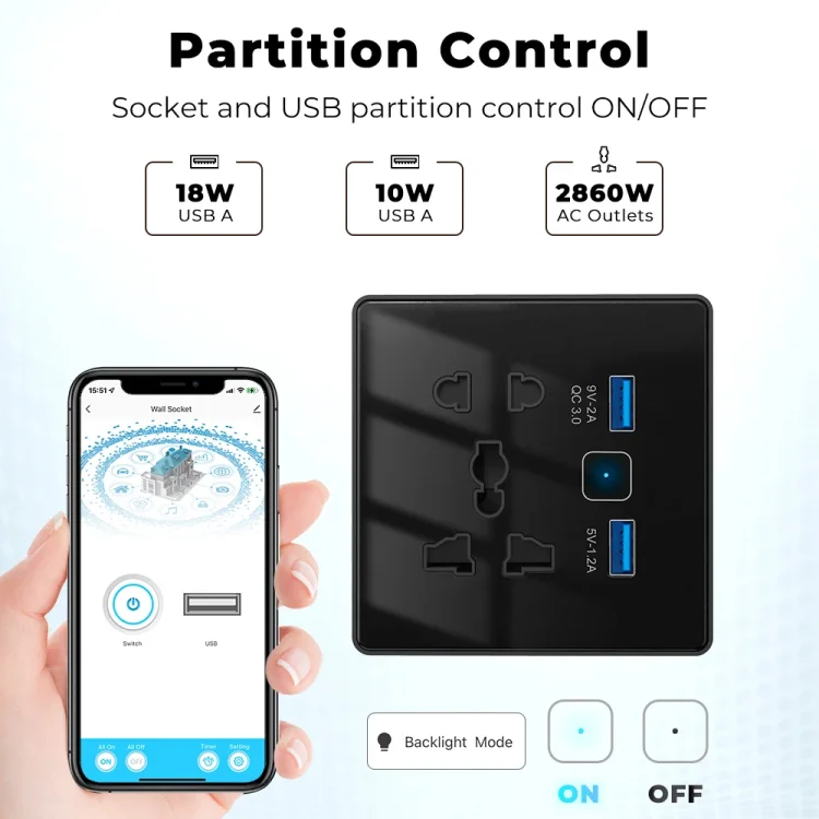 Wifi USB and 5 pin Socket 10A Round Corner Black - ছবি 2