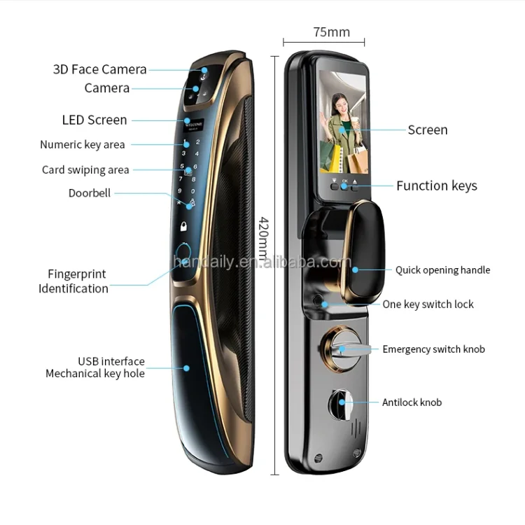 L26 Premium Golden Smart Door Lock with 3D Face Recognition - ছবি 7