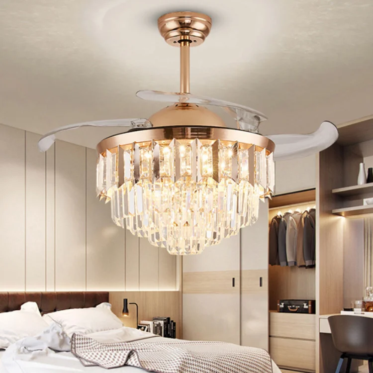 Retractable Blades Crystal Chandelier 48" Ceiling Fan Remote Control