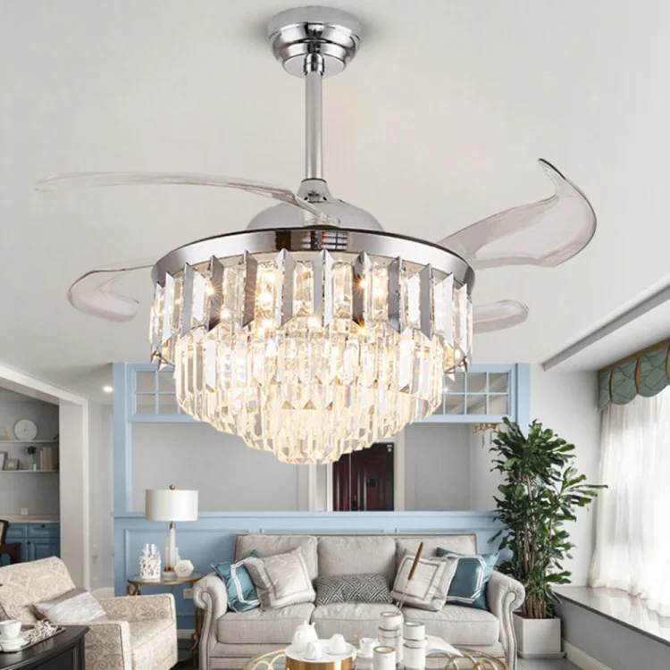 Retractable Blades Crystal Chandelier 48" Ceiling Fan Remote Control - ছবি 2