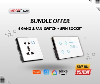 WiFi 4-Gang Smart Switch with Fan Speed Control White + Smart 5 pin Socket White